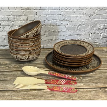 Набор Мисок и тарелок из красной глины+подарок деревянных приборов!