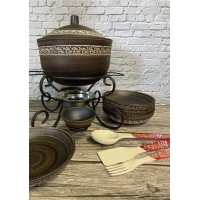 Садж кован. "Кастрюля" 4 л.+соус+тарелки глубокие из красной глины ангоб